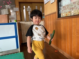 きゅうりを持っているところ