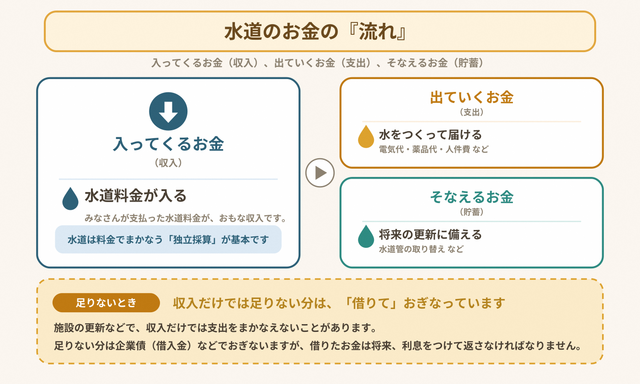 02_お金の流れ 水道のお金の流れ。入ってくるお金と出ていくお金